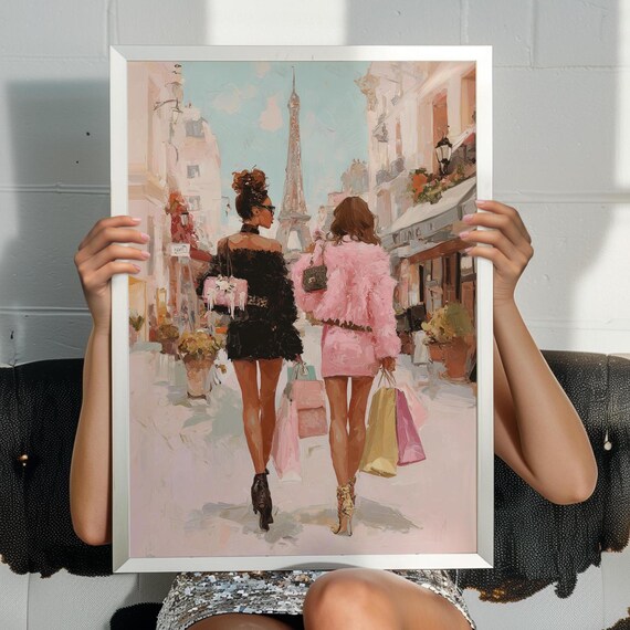 Two Fashion Girls Shopping Paris Street Eiffel Tower Painting Poster