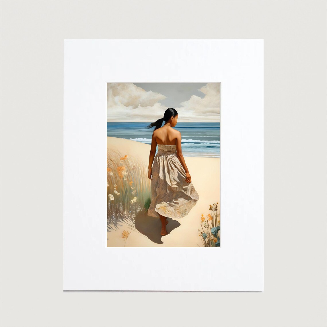 Woman On Beach Windy Dress Back View Coastal Seaside Art Poster - Image 2