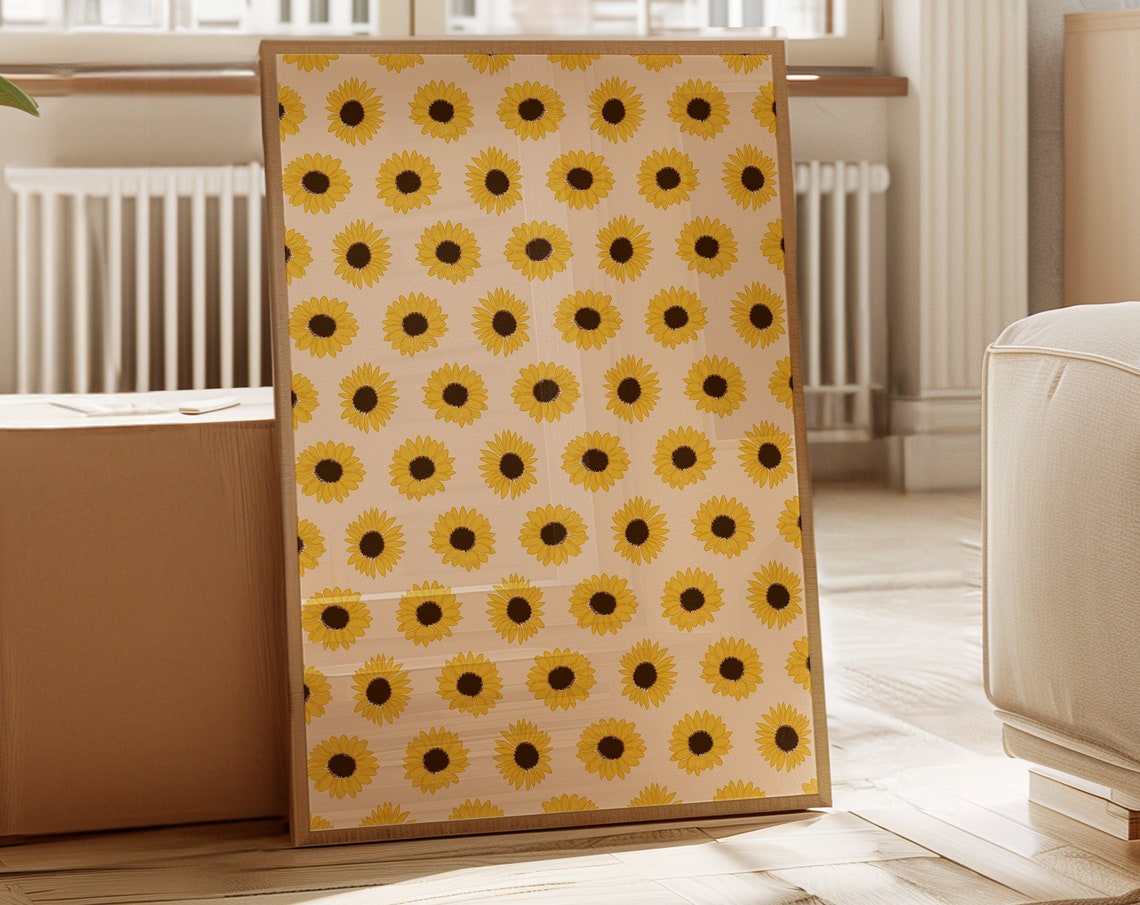Small Yellow Sunflower Dot Pattern Beige Vintage Floral Poster