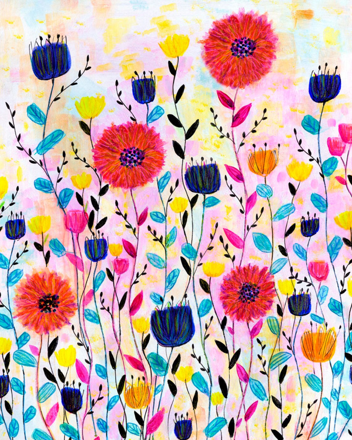 Whimsical Wildflower Meadow with Red Poppies on Pastel Poster
