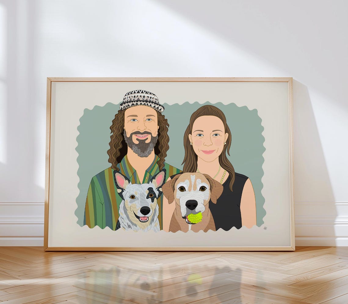 Couple With Four Dogs and Two Parrots Custom Family Portrait Poster - Image 2