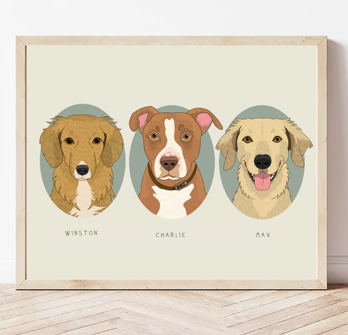 Personalized Three Pet Portrait in Oval Frames Custom Dog Cat Poster - Image 5