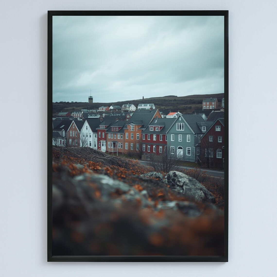Colorful Village Hillside Moody Autumn Photography Travel Poster Design