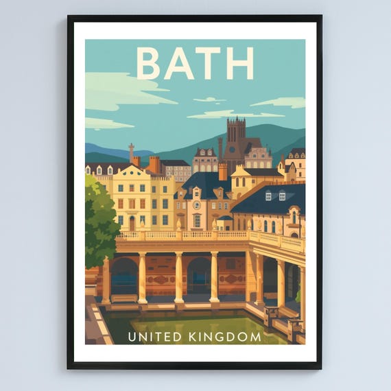 Bath England Travel Illustration Vintage Cityscape Poster Portrait Art
