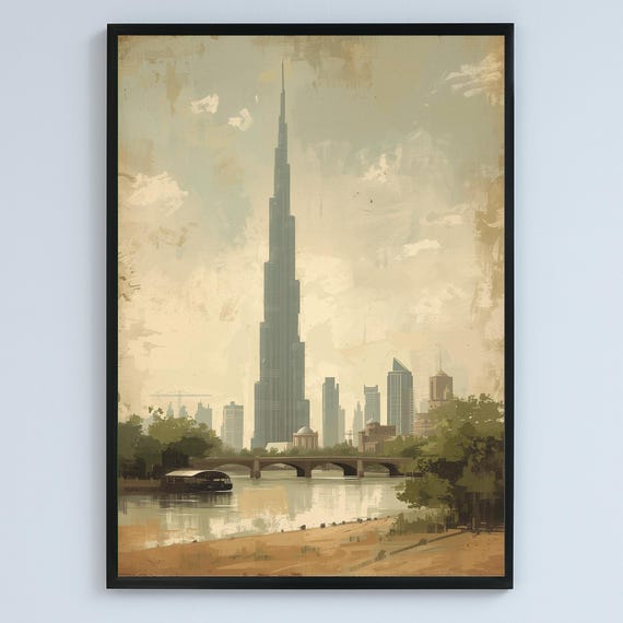 Dubai Skyline Vintage Painting Serene Cityscape Illustration Poster