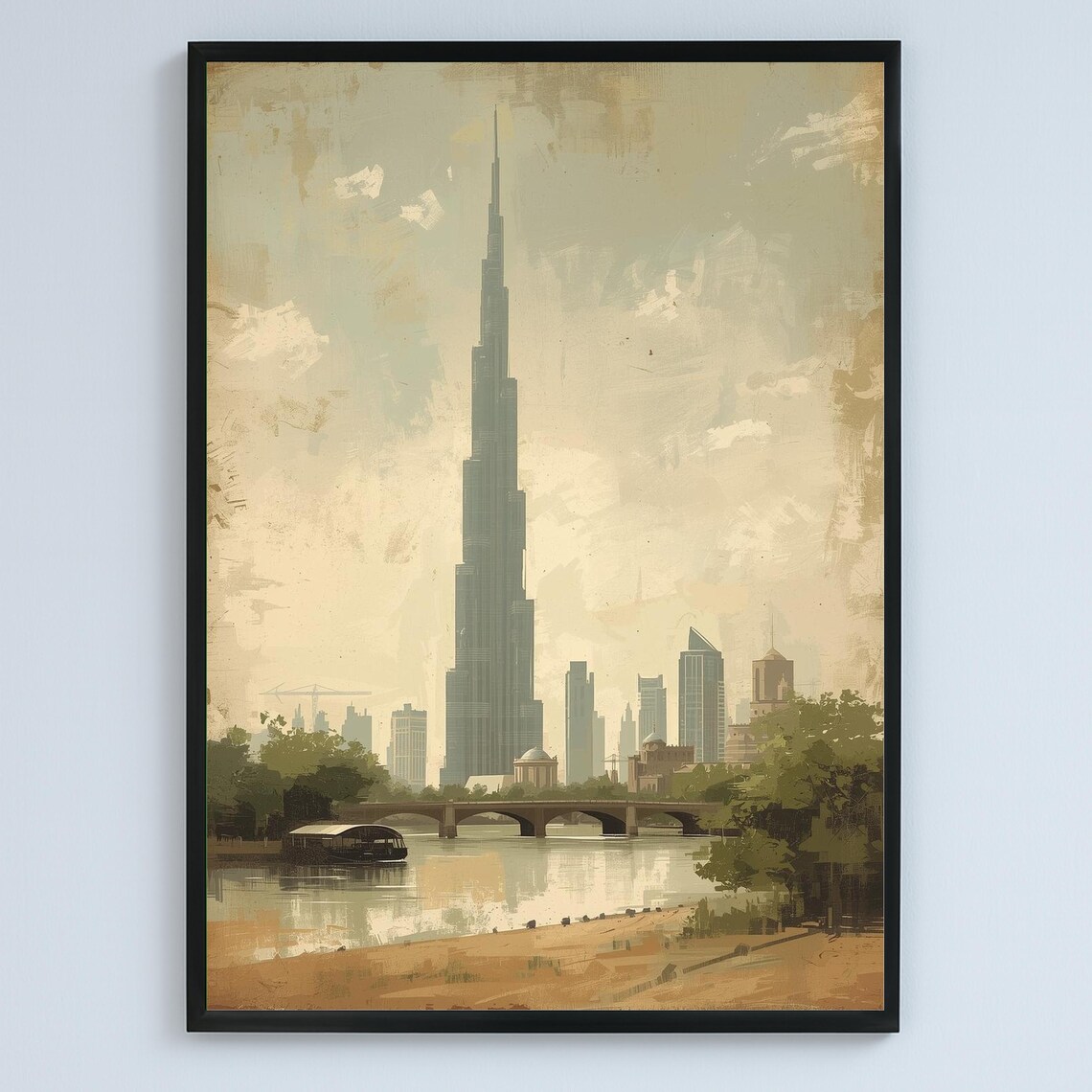 Dubai Skyline Vintage Painting Serene Cityscape Illustration Poster