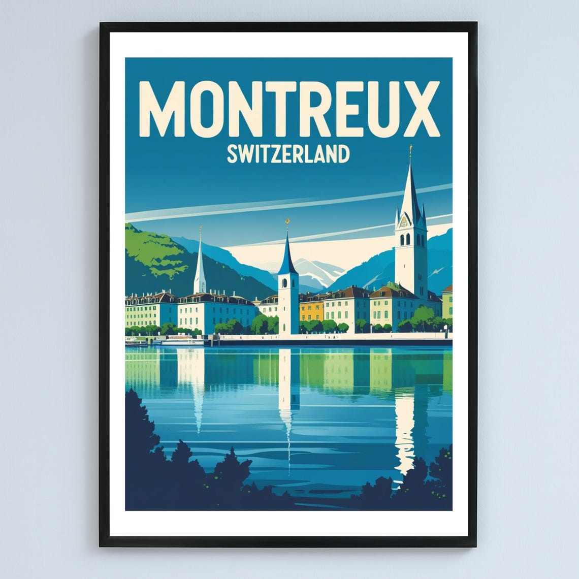 Montreux Switzerland Vintage Travel Style Lakeside Town View Poster