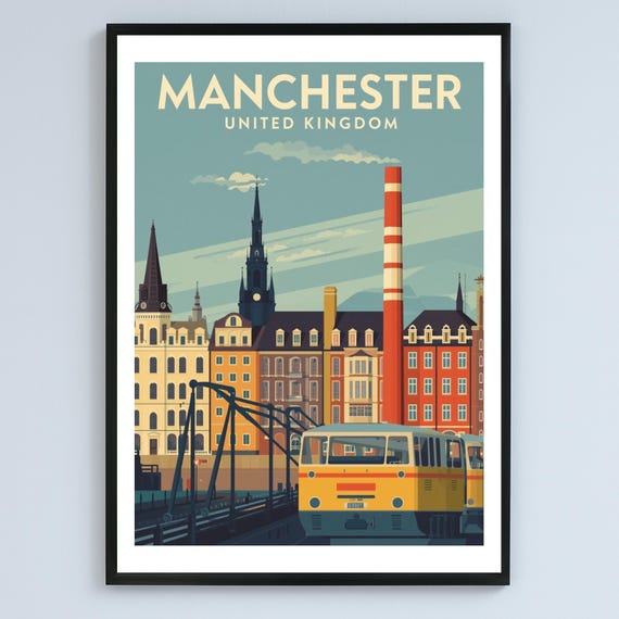 Manchester Cityscape Illustration Poster Vintage Style Architecture Instant Travel Art