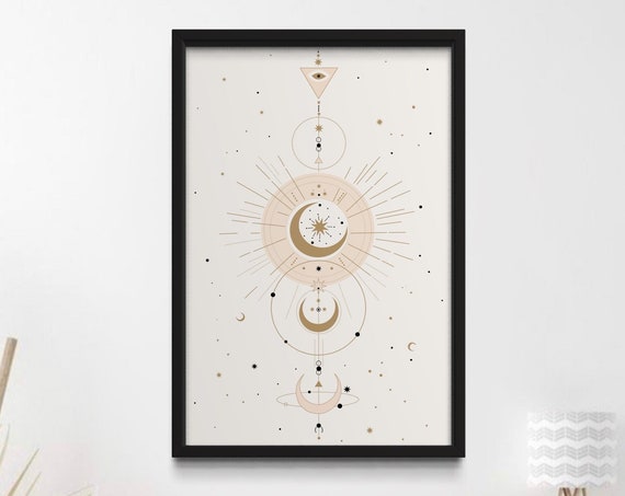 Mystical Boho Sun And Moon Print Celestial Spiritual Sun Wall Art Bohemian Poster Stars Sun Moon Beige Pink Stars Abstract Art