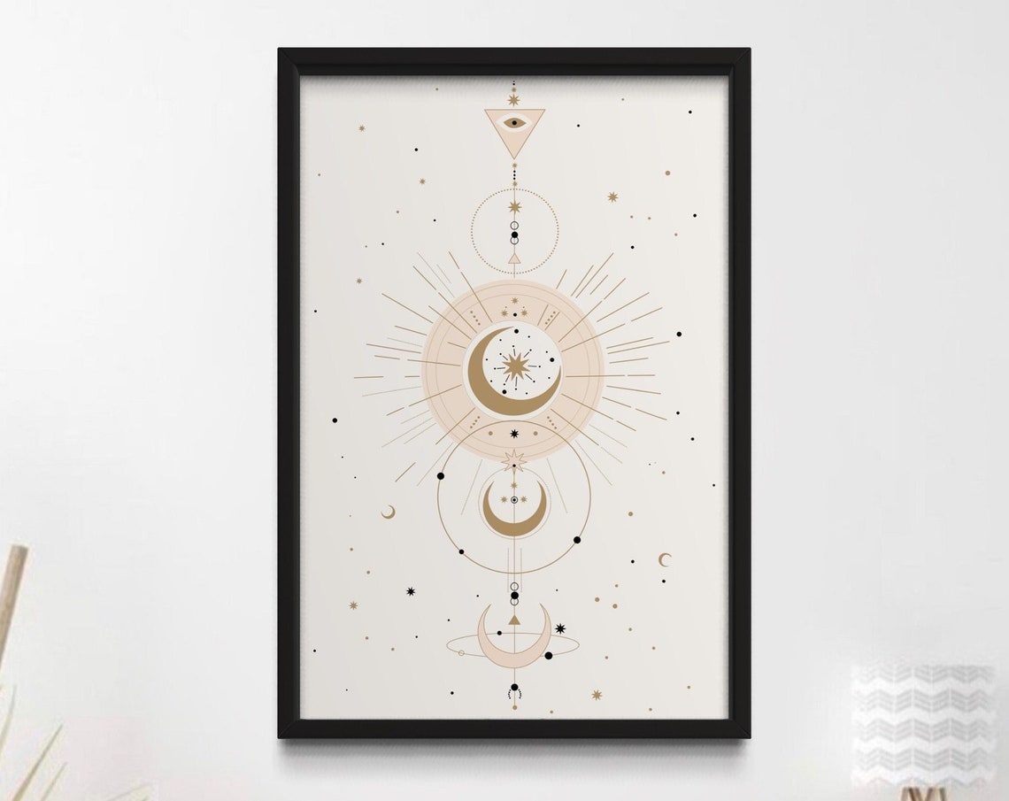 Boho Celestial Sun and Moon Gold Stars Spiritual Boho Chic Poster