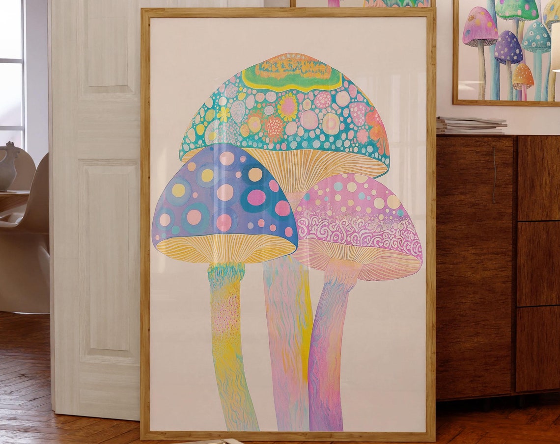 Pastel Patterned Mushroom Trio Botanical Illustration Art Print