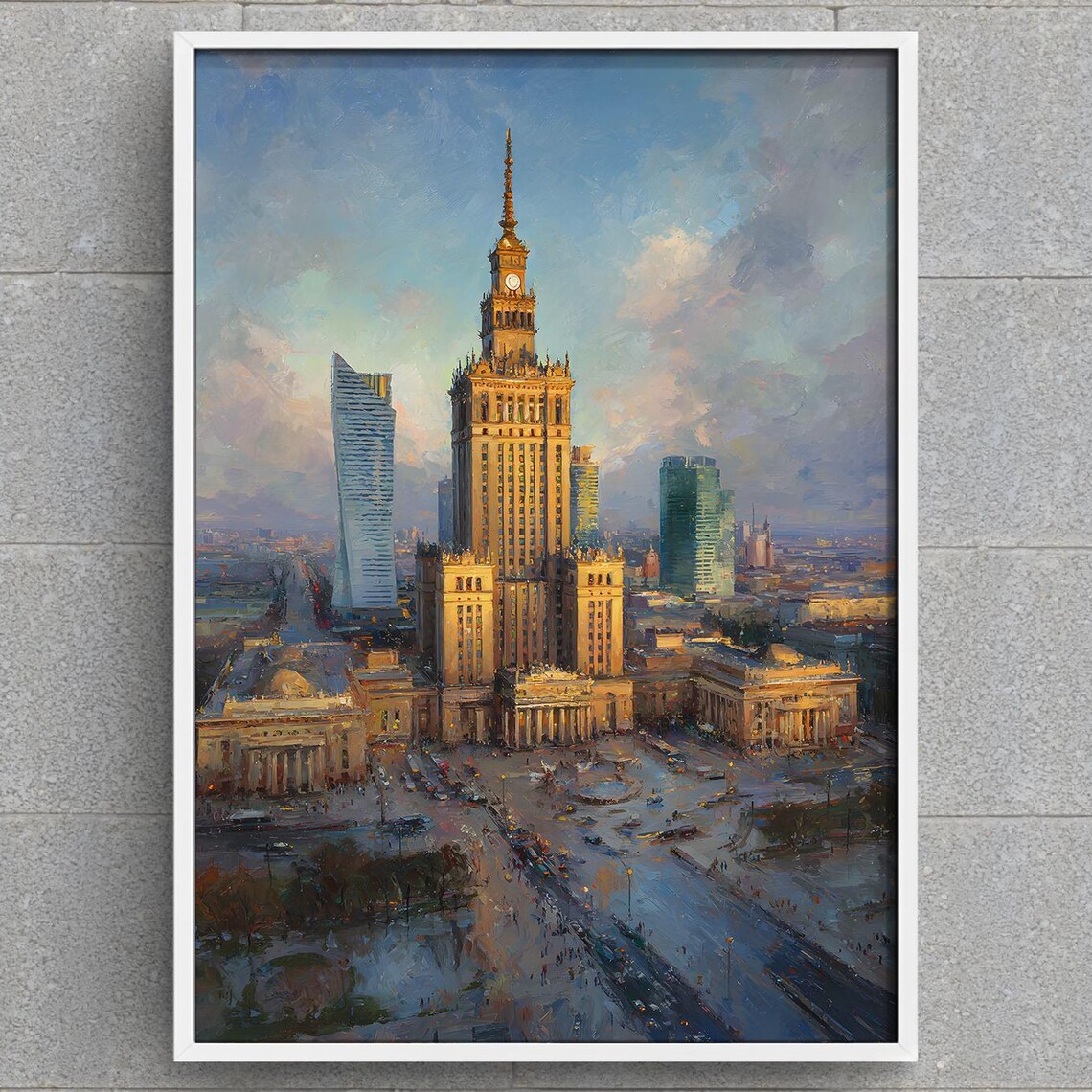 Warsaw Palace Of Culture Skyline In Golden Hour Painting Poster
