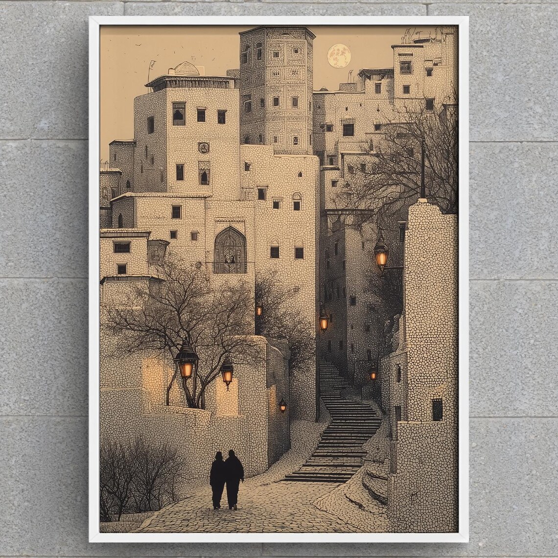 Morocco Old Town Moonlit Alley Sepia Vintage Travel Art Print