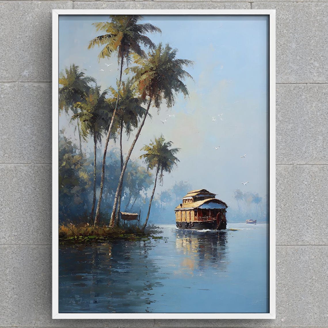 Tropical Houseboat On Calm River With Tall Palm Trees Painting Poster