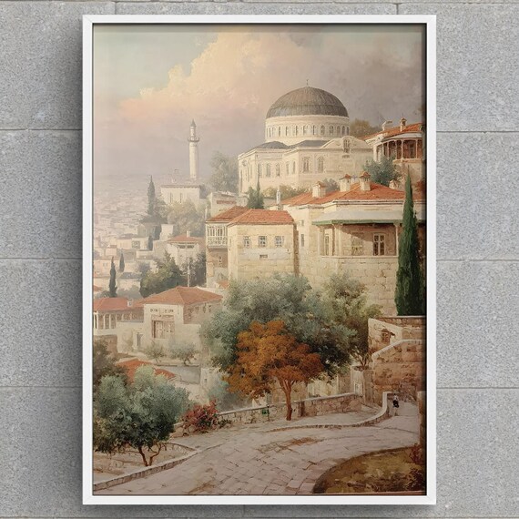 Palestine Art Acre Old City Print Mosque Historic Cityscape Wall Decor Oil Painting Style