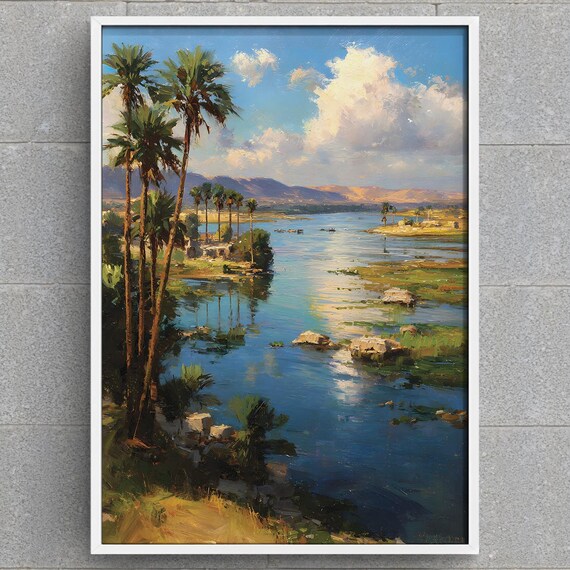Nile River Palms and Mountains Vintage Oil Painting Art Print