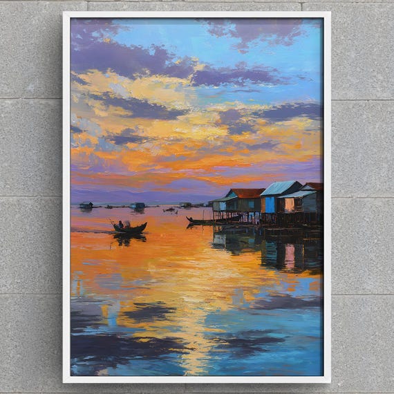 Siem Reap Sunset Painting Cambodian Floating Village Print