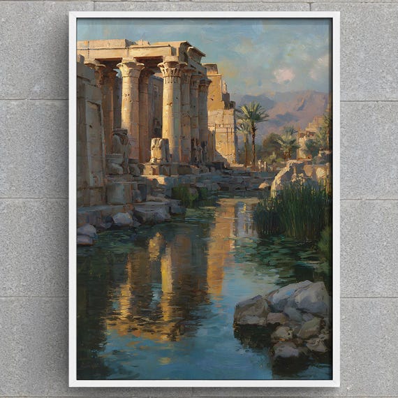 Kingdom Of Kush Art Print Ancient Nubian Temple Painting Vintage Wall Nile River Landscape African Decor