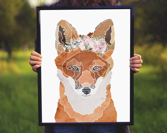 Red Fox Wearing Flower Crown Watercolor Mosaic Woodland Animal Poster