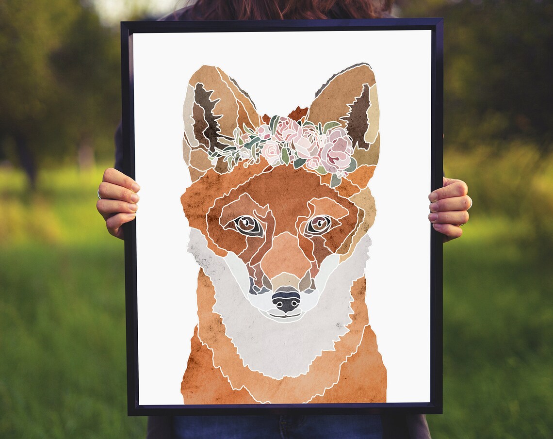 Red Fox Wearing Flower Crown Watercolor Mosaic Woodland Animal Poster