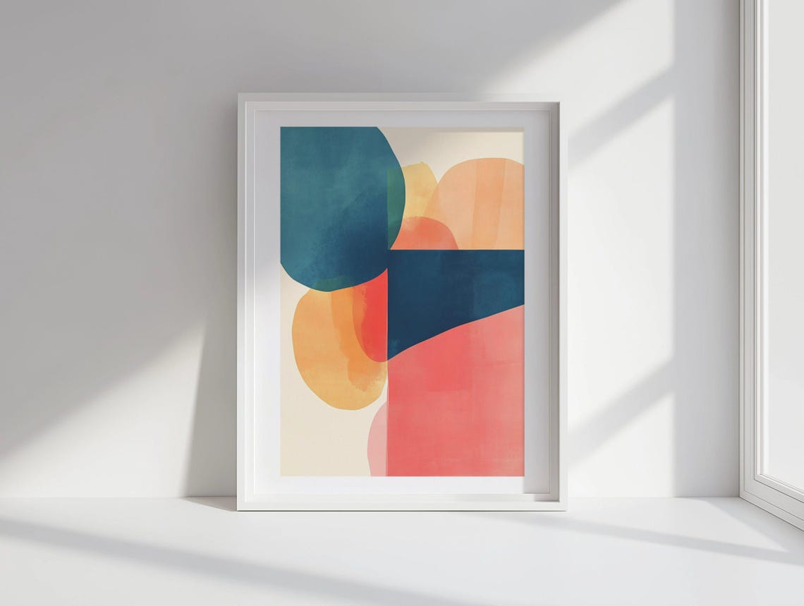 Teal Navy and Orange Watercolor Block Abstract Modern Poster - Image 2