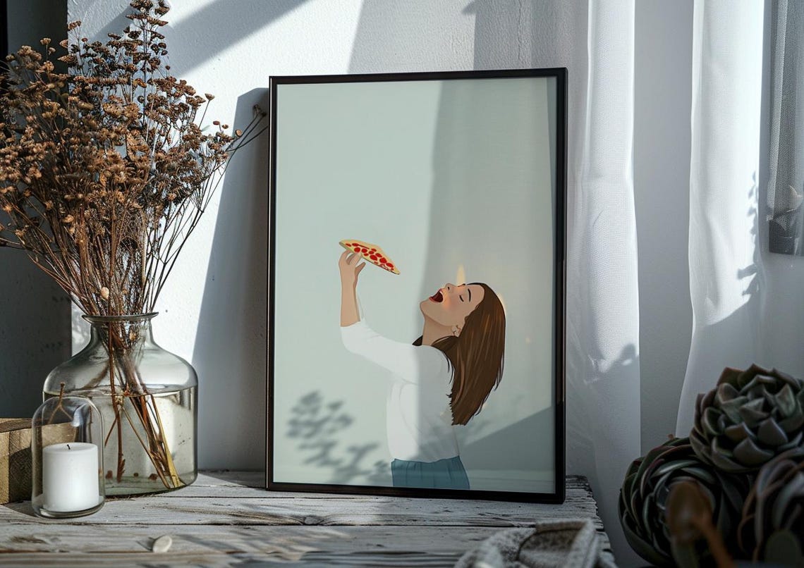 Hungry Woman Eating Pizza Slice Funny Food Illustration Wall Art - Image 3