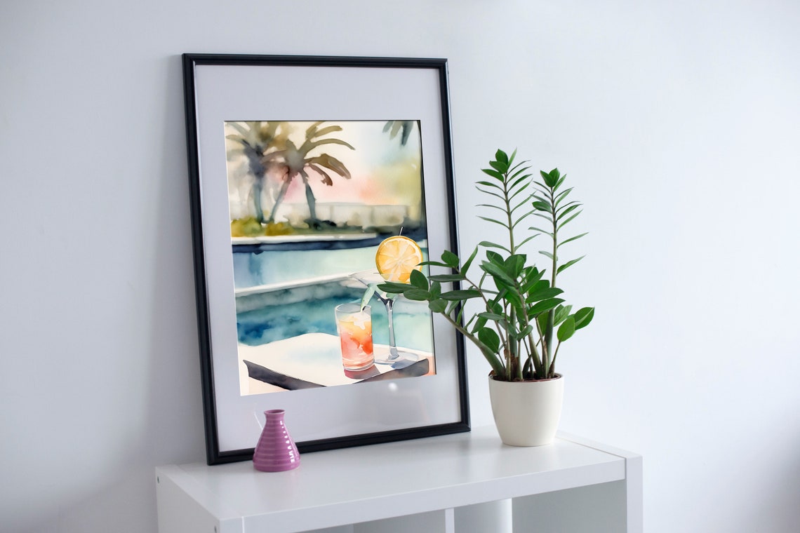 Poolside Cocktails Watercolor Tropical Summer Vacation Poster - Image 4