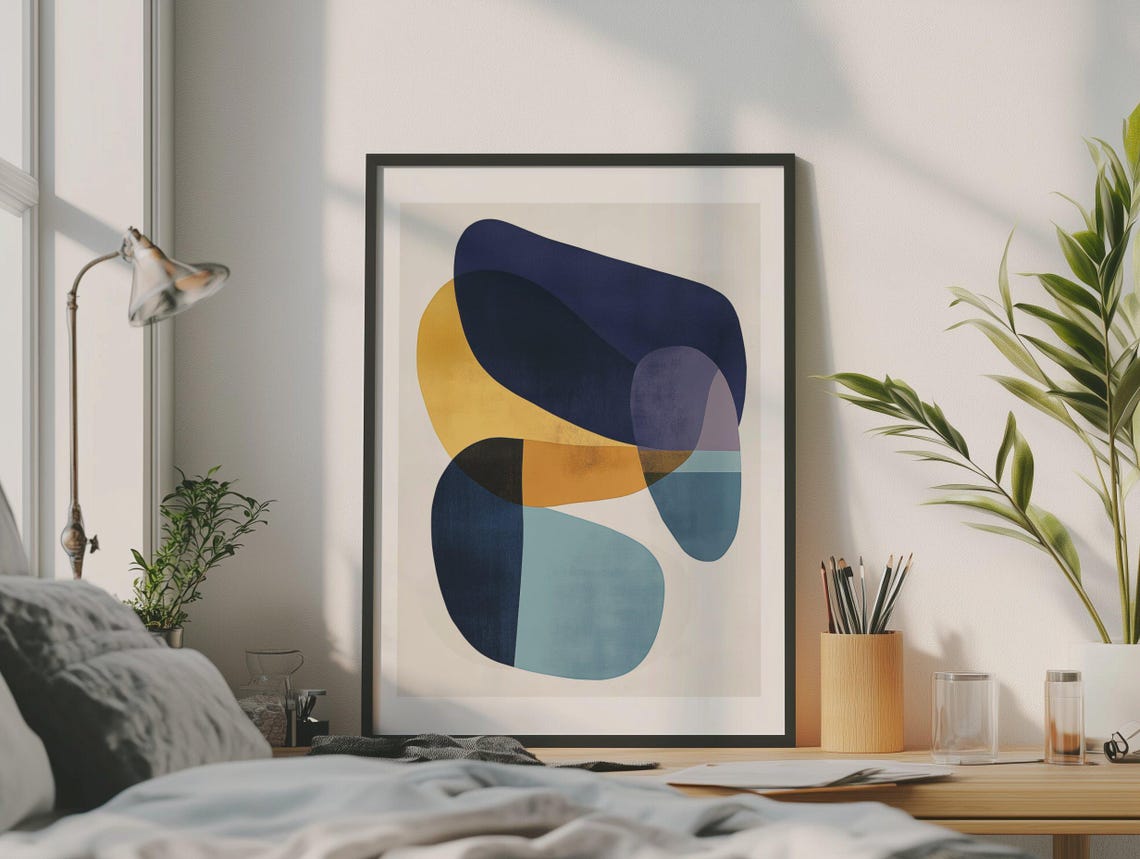 Abstract Navy Blue and Mustard Yellow Interlocking Shapes Poster - Image 4