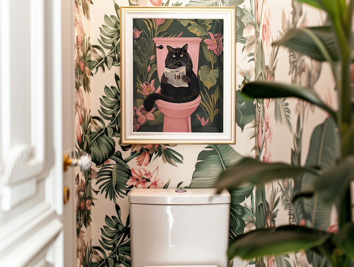 Bathroom Black Cat Toilet Print Washroom Wall Decor Funny Pooping Poster Restroom Art Boho Maximalist - Image 2