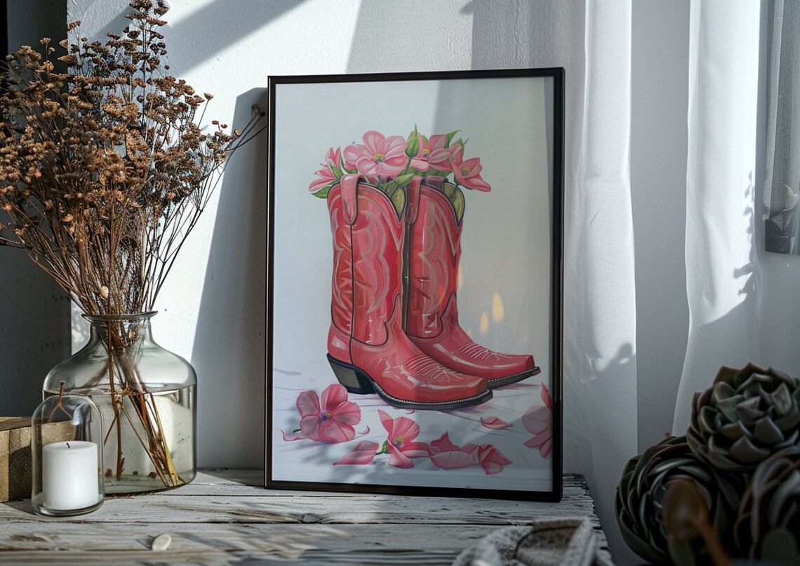 Red Cowboy Boots With Pink Flowers Coastal Cowgirl Art Poster - Image 2