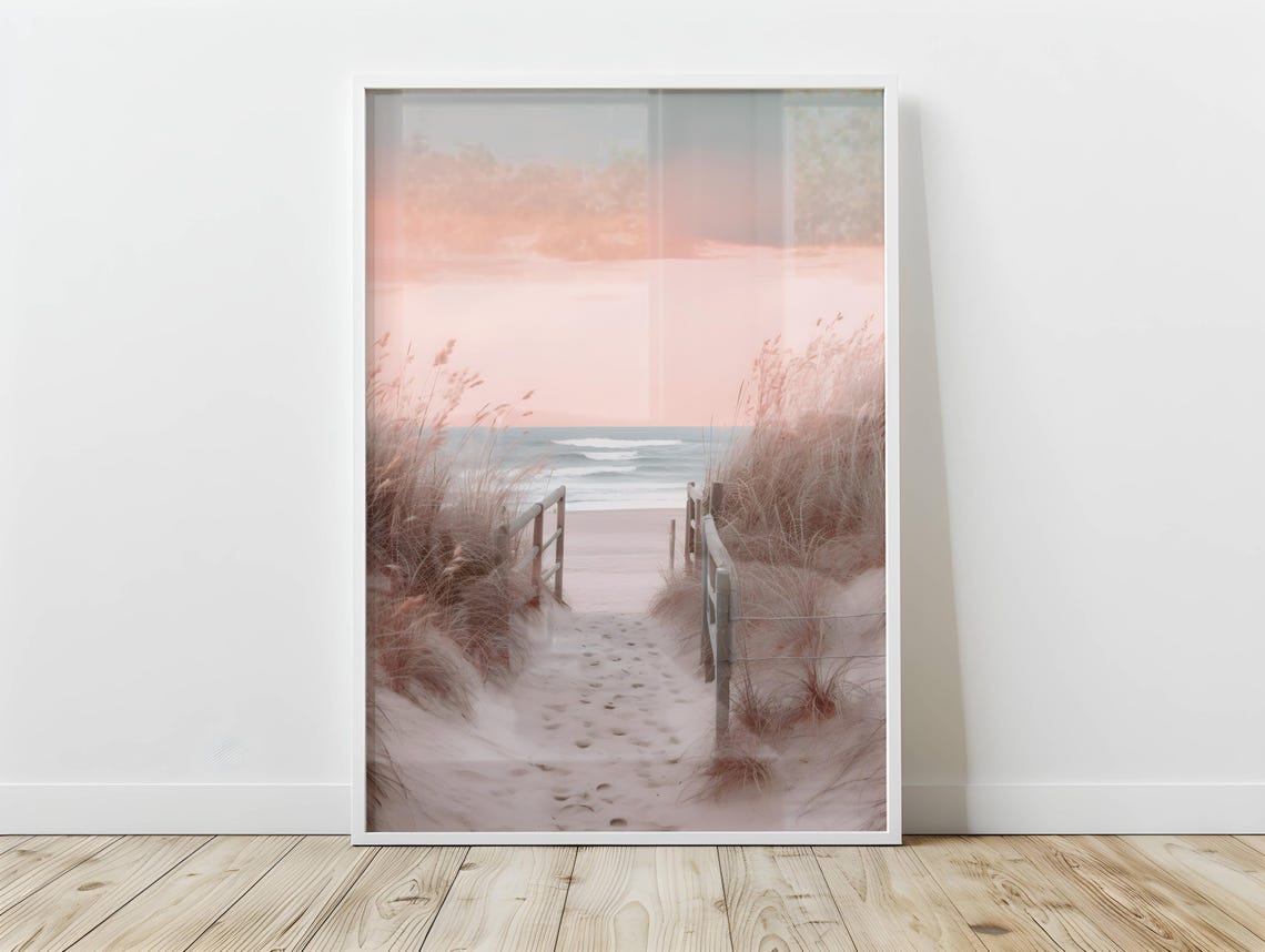 Pastel Beach Boardwalk Dune Path Soft Pink Ocean Photography Poster