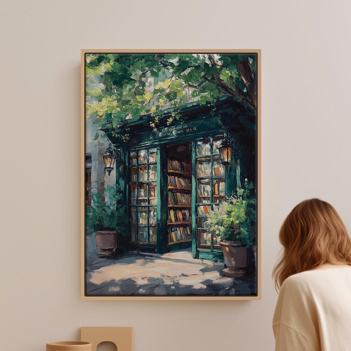 Cozy Green Bookstore Storefront With Lanterns And Plants Art Poster