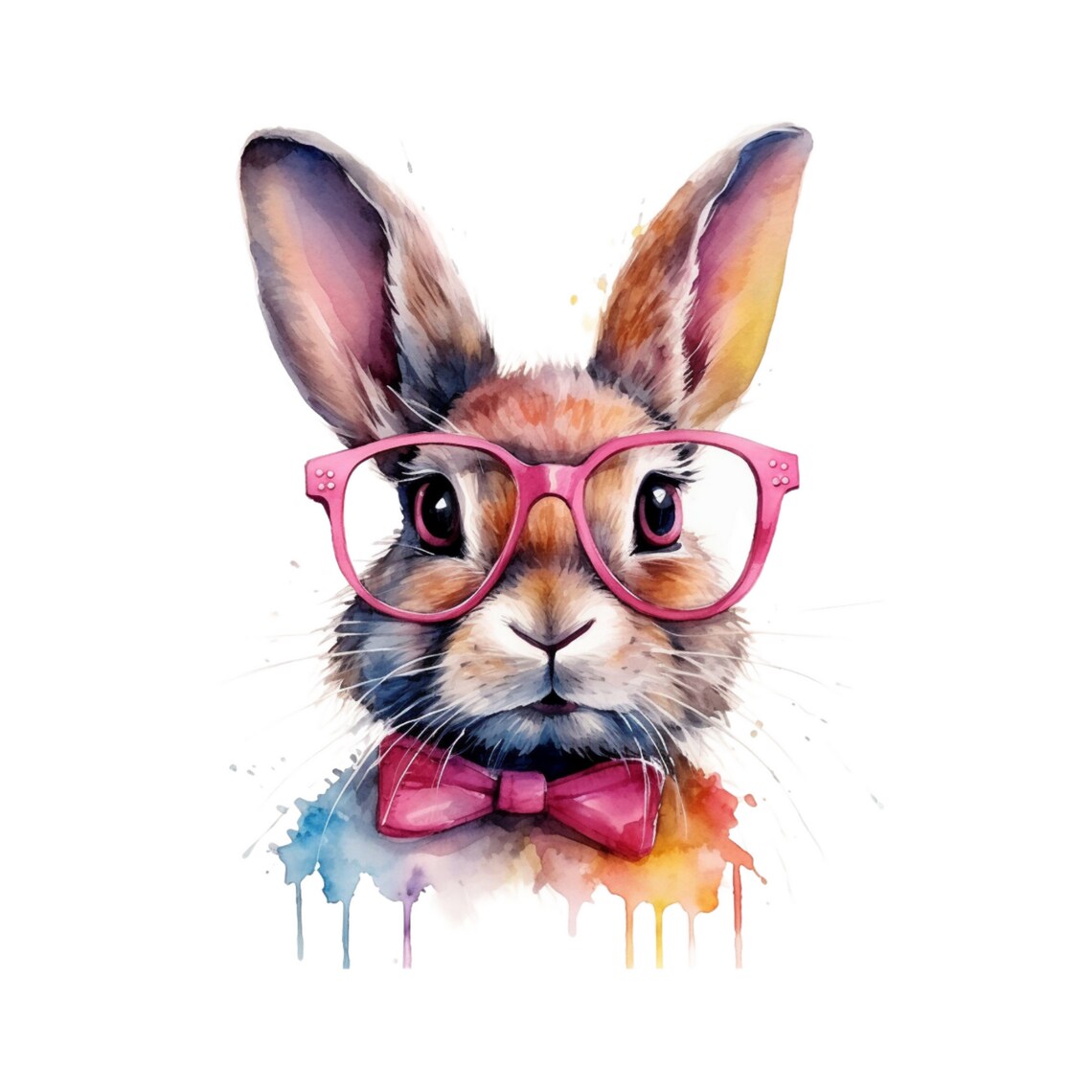 Rabbit With Pink Glasses, Watercolor Painting