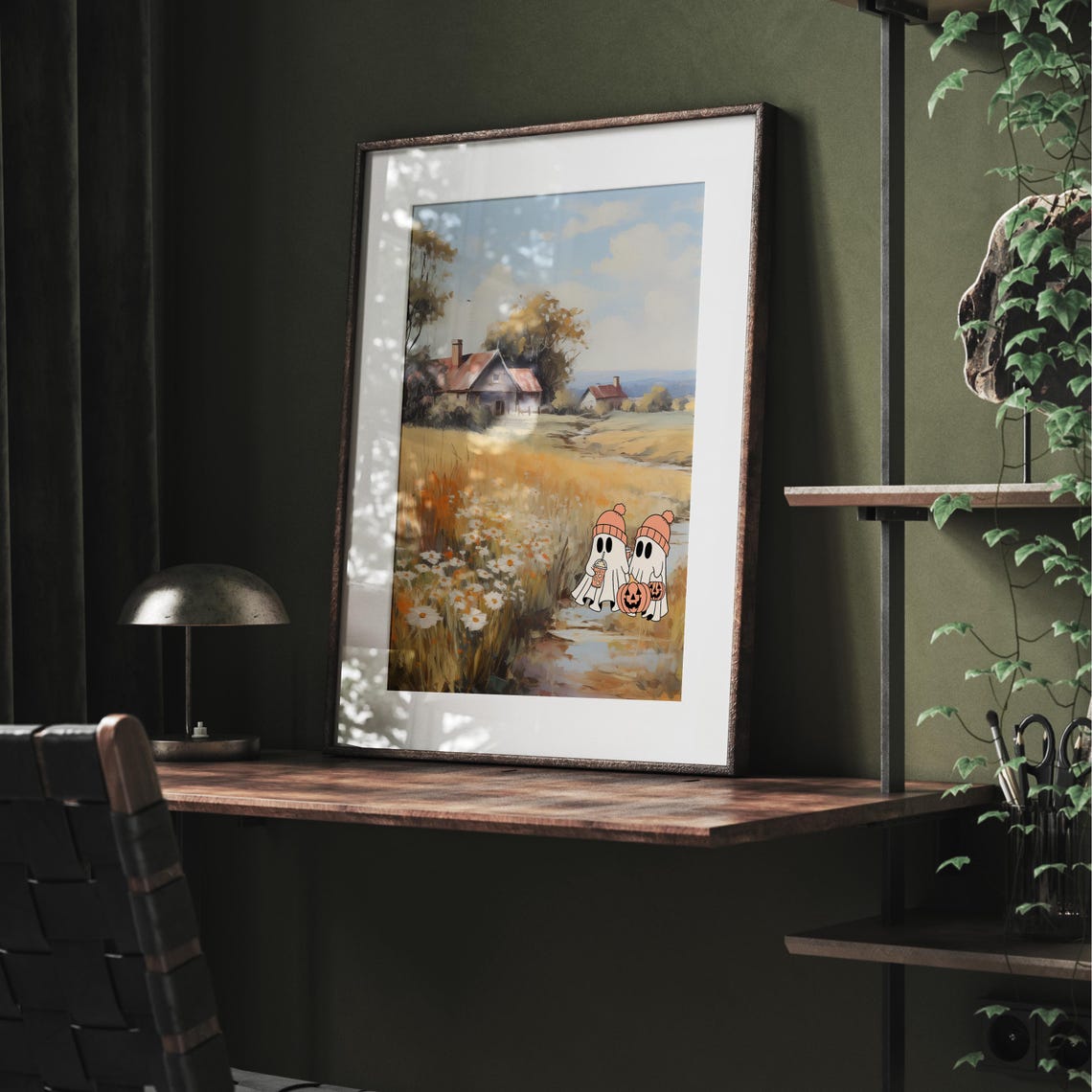 Two Cute Ghosts At An Autumn Farmhouse With Daisies Fall Poster - Image 3