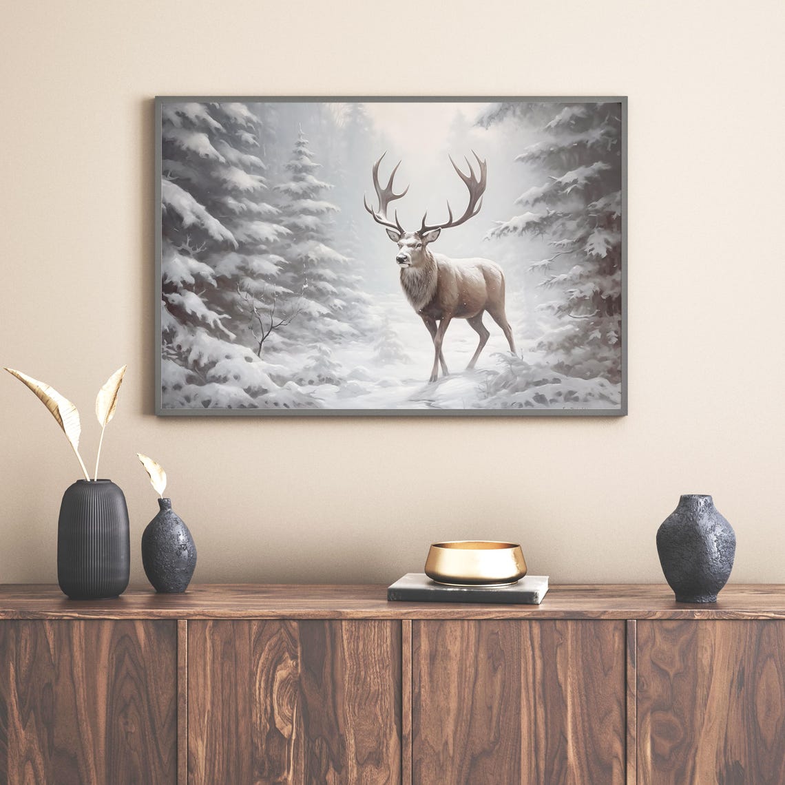 Majestic Buck with Large Antlers Walking Snowy Forest Poster - Image 3