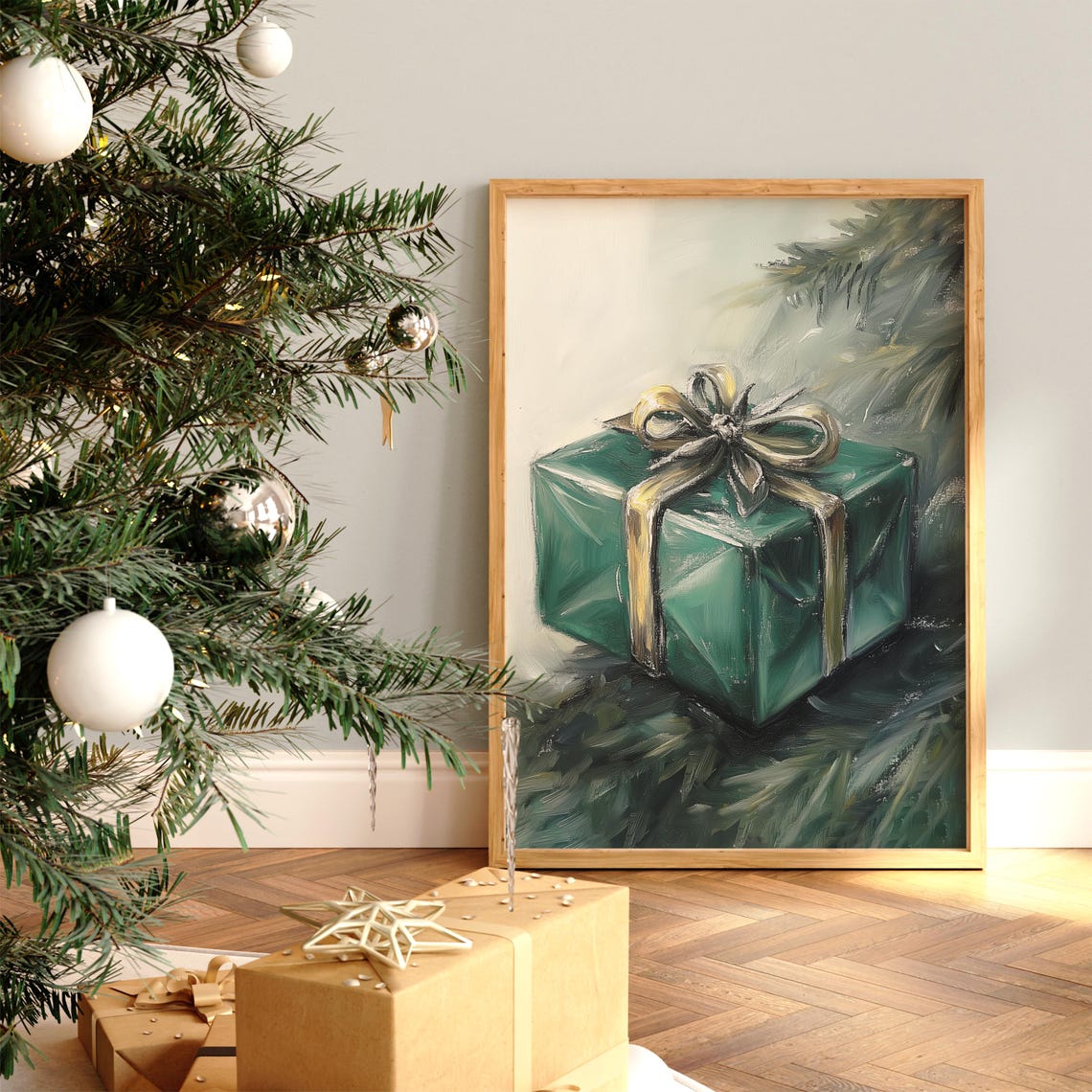 Emerald Green Gift Box With Gold Bow Christmas Still Life Poster - Image 3
