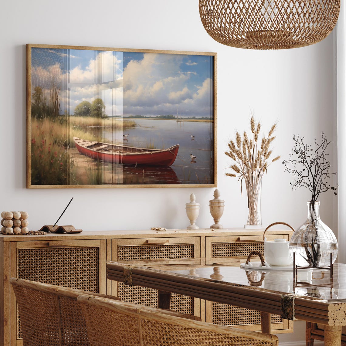 Red Canoe Floating On A Still Lake With Ducks Classic Nature Poster - Image 3