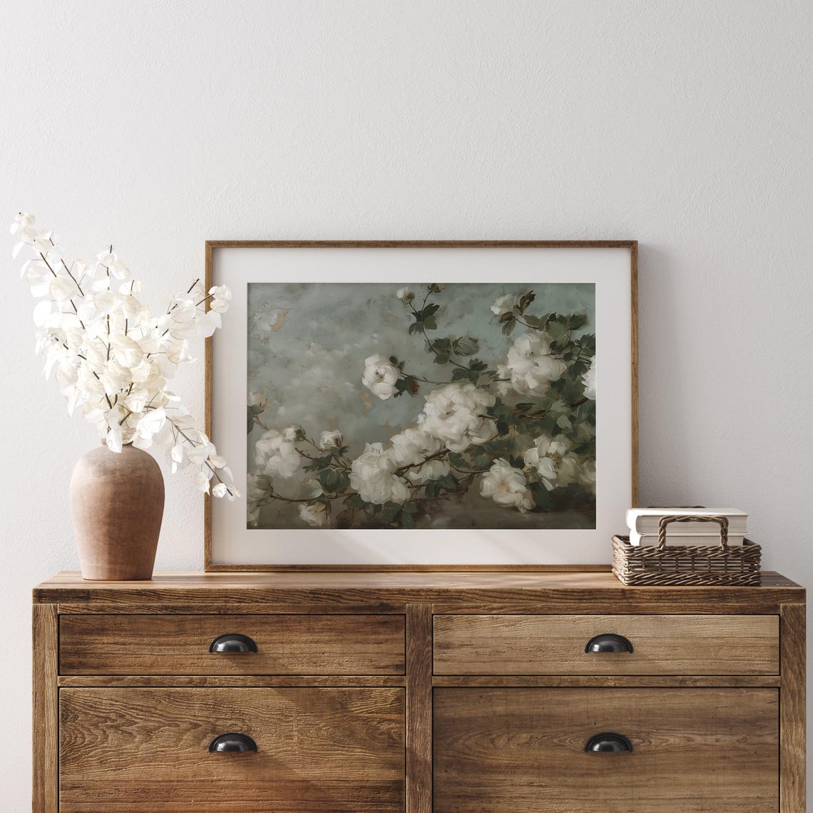 White Roses on Sage Green Moody Vintage Floral Still Life Poster - Image 3