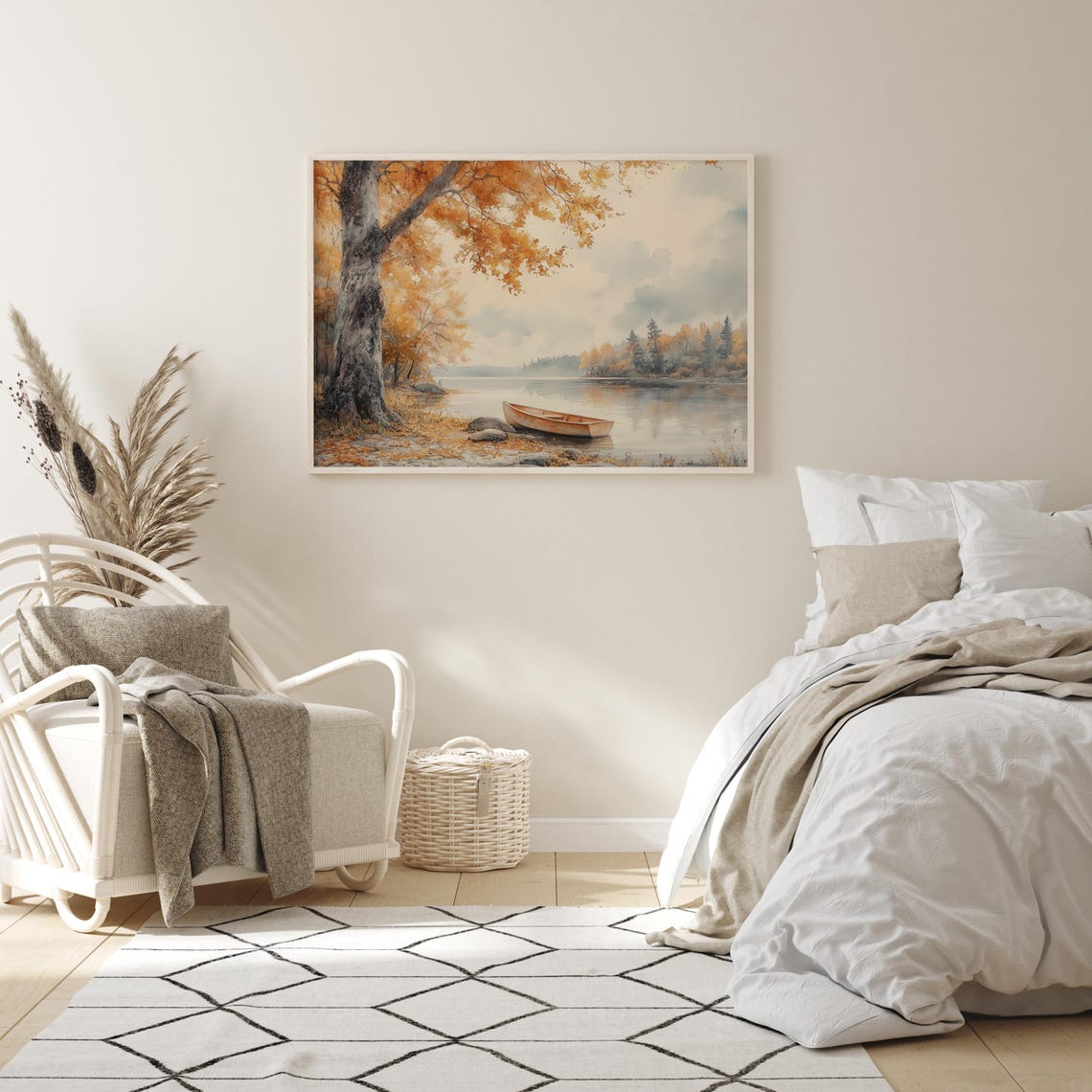Wooden Canoe Resting on a Quiet Autumn Lakeshore Watercolor Poster - Image 3