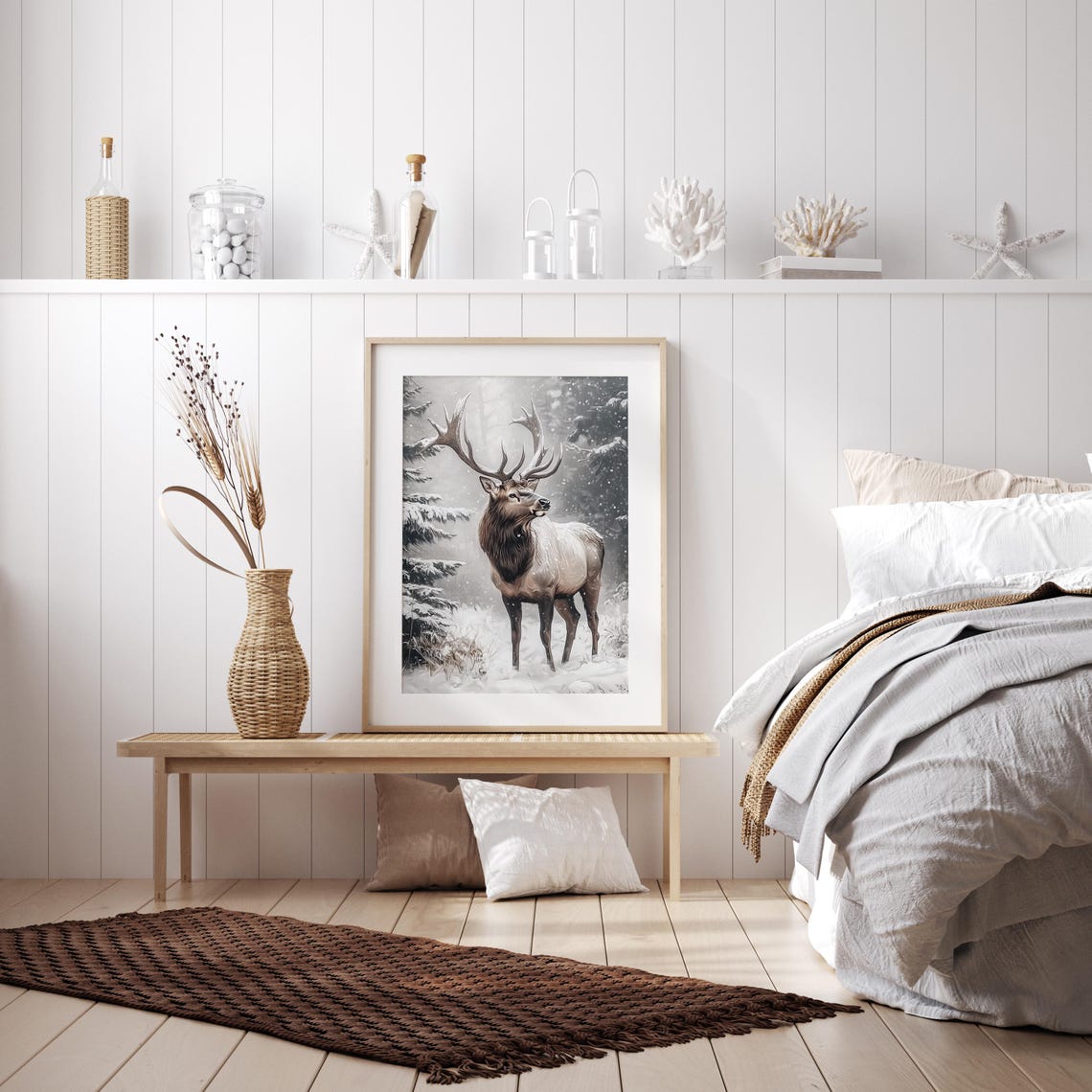 Majestic Elk with Grand Antlers Standing in Snowy Forest Poster - Image 2
