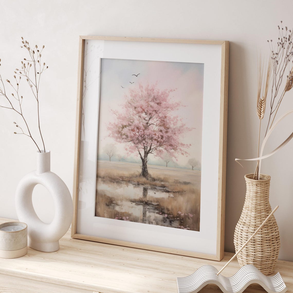 Pink Cherry Blossom Tree In A Misty Spring Field Landscape Poster - Image 3