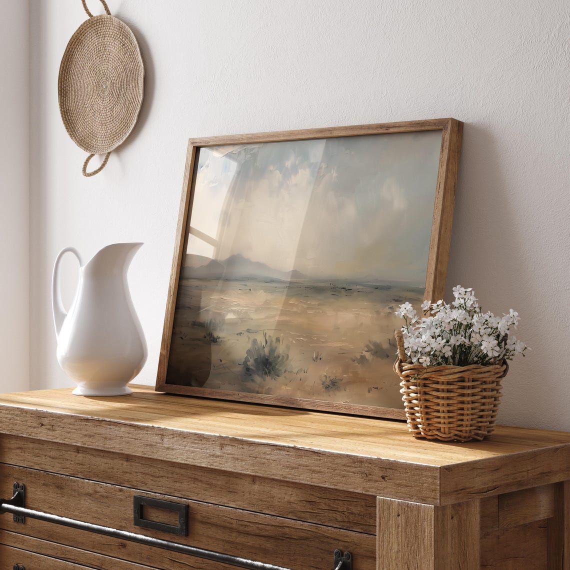 Misty Neutral Desert Plains with Distant Mountains Vintage Poster - Image 3