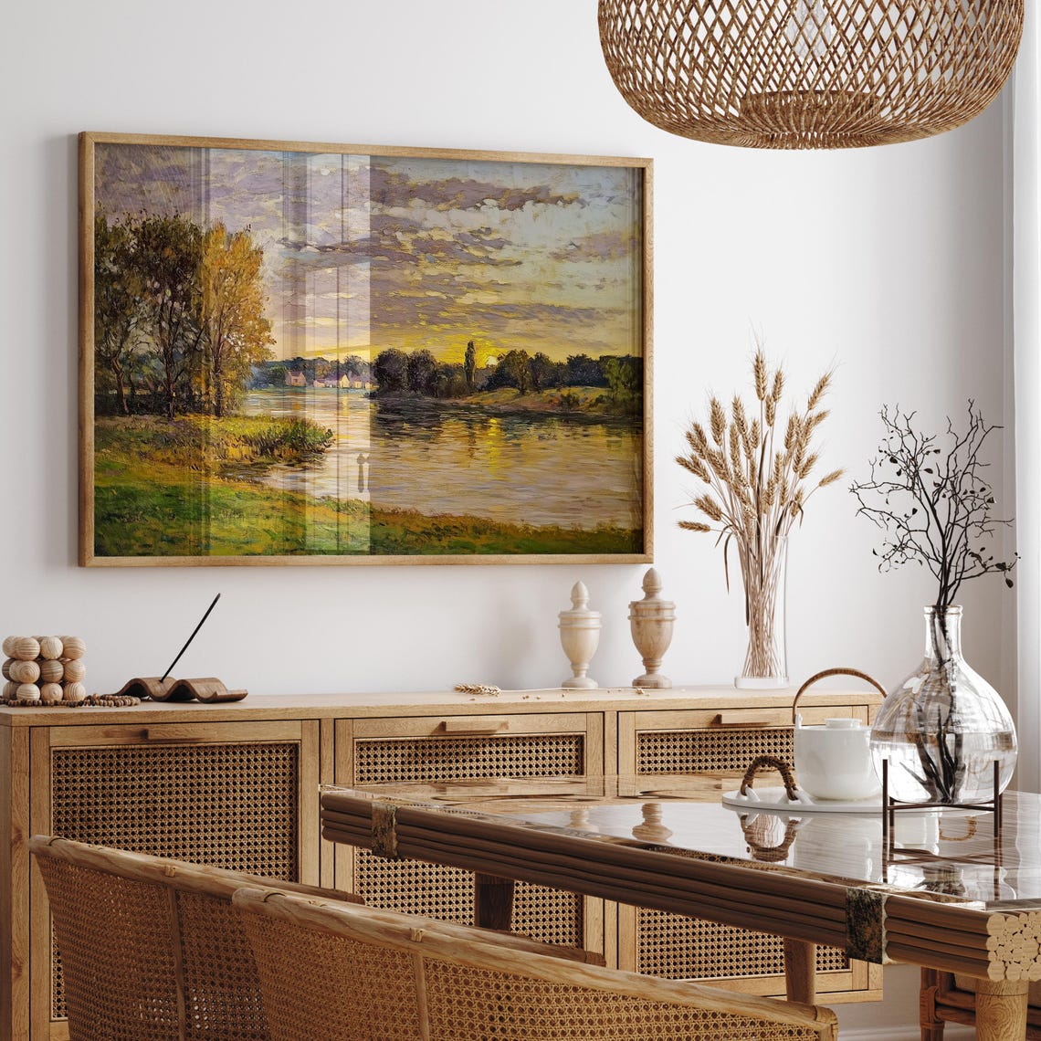 Impressionist Sunset Over A Lake Village Golden Landscape Poster - Image 4