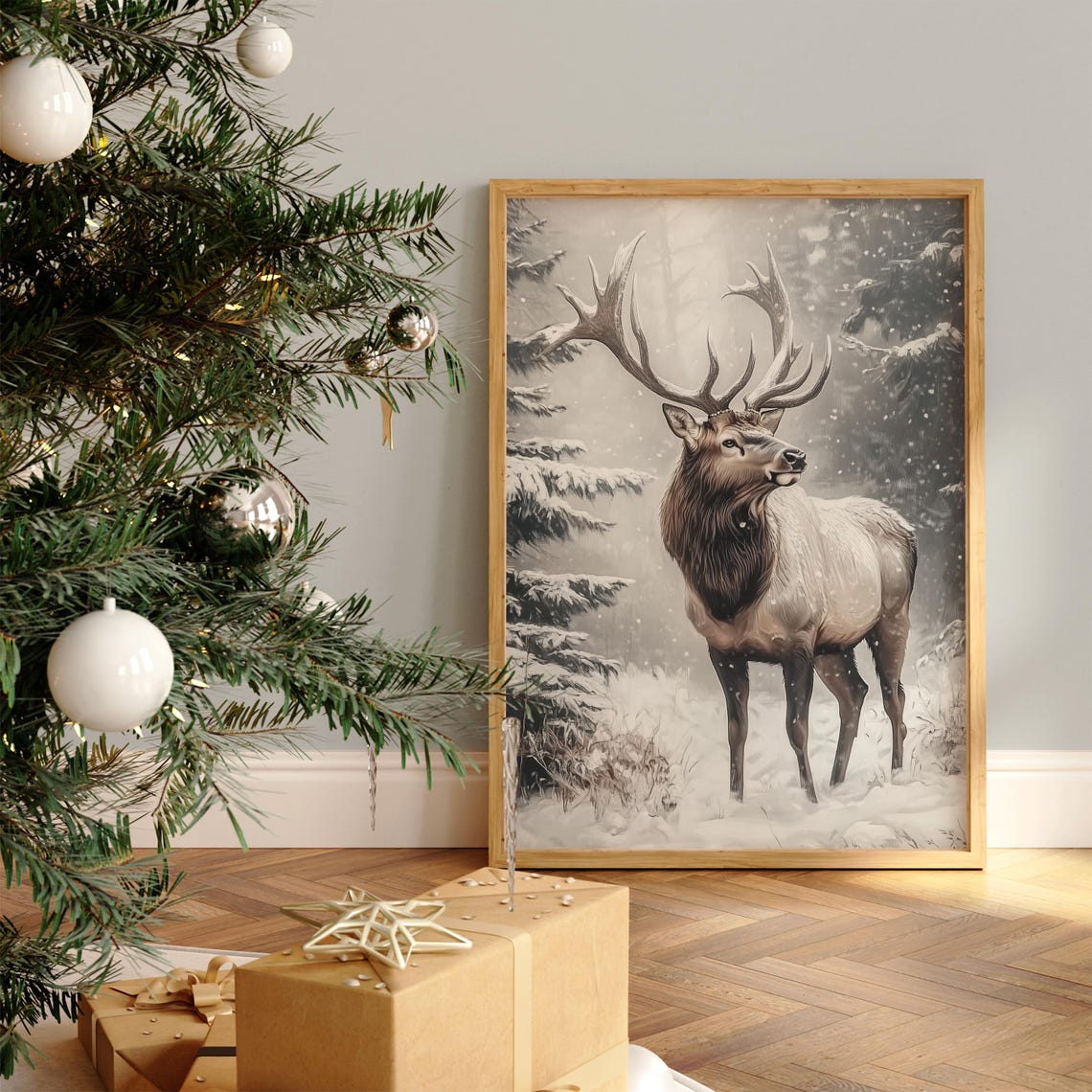 Majestic Elk with Grand Antlers Standing in Snowy Forest Poster - Image 3
