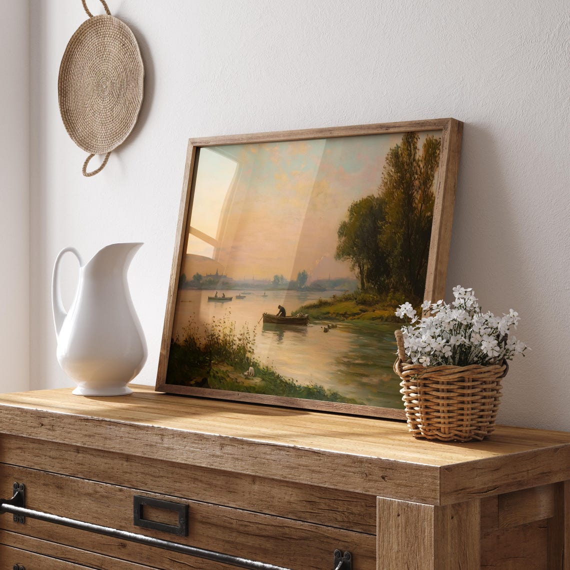 Sunset River with Rowboats and Fisherman Vintage Scene Poster - Image 3