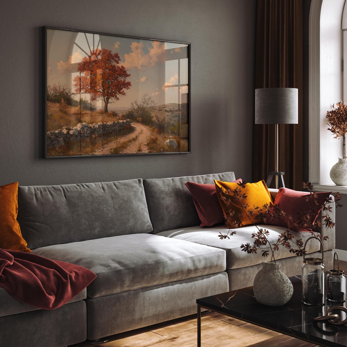 Blazing Red Tree Beside a Dry Stone Wall on a Country Path Poster - Image 2