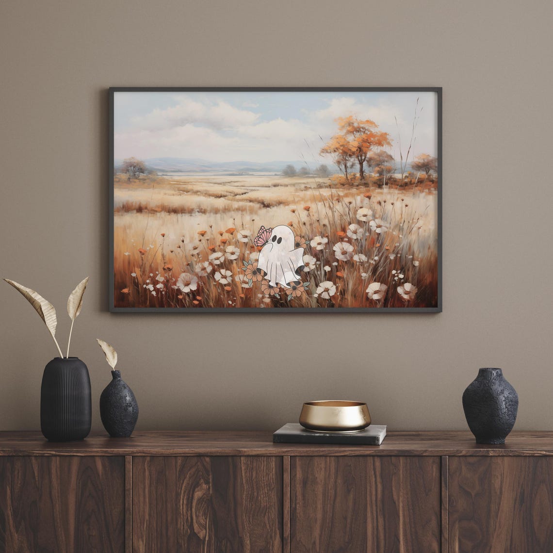 Cute Ghost In A Flower Meadow With A Butterfly Autumn Poster - Image 4