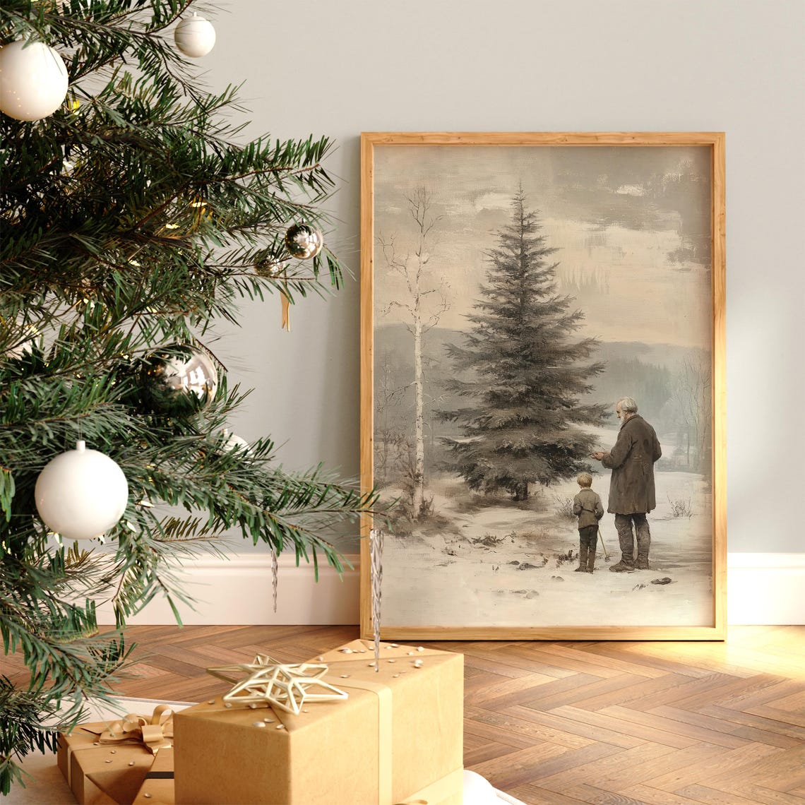 Father and Son in Snowy Evergreen Forest Winter Landscape Art Poster - Image 2