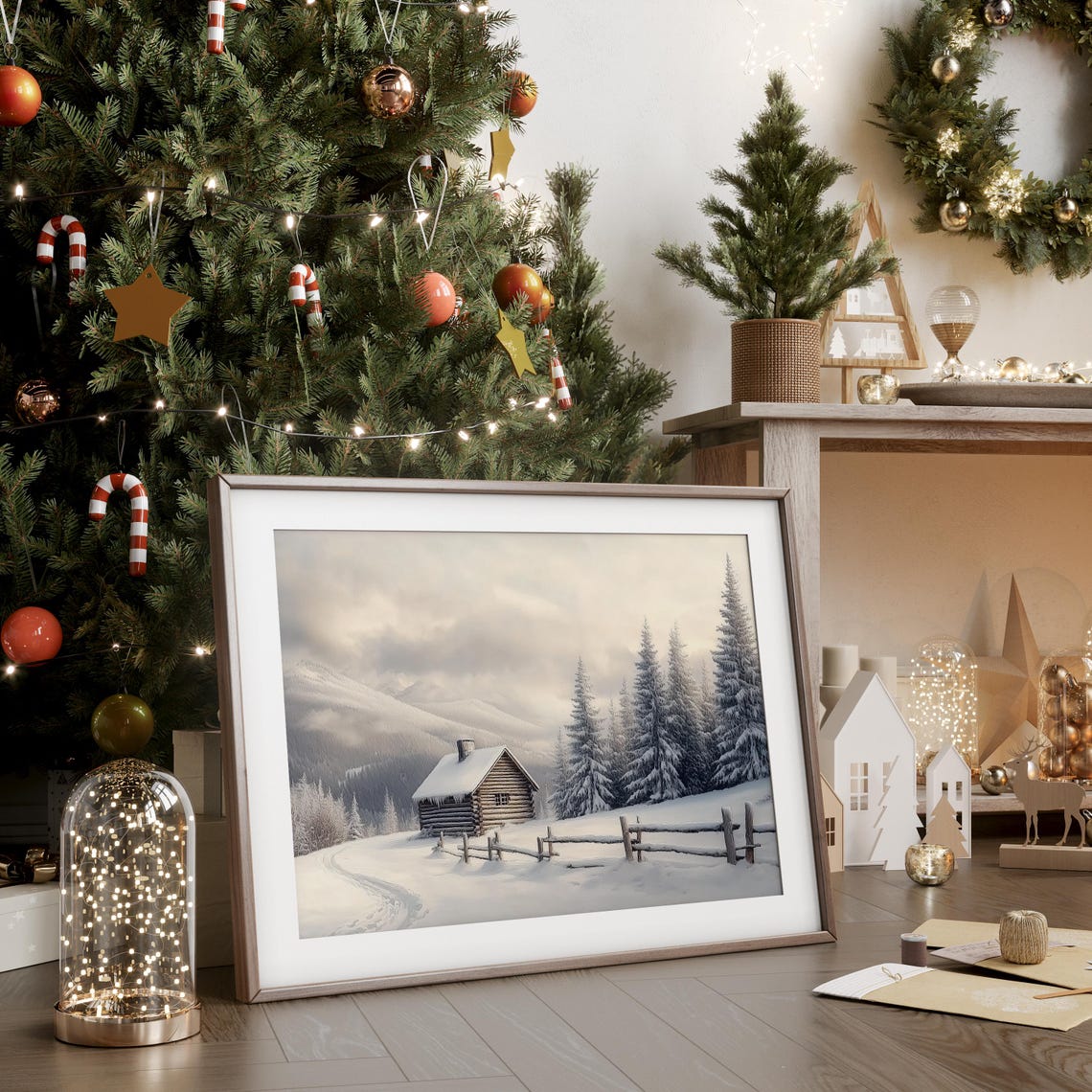 Snowy Log Cabin with Split Rail Fence among Fir Trees Poster - Image 4