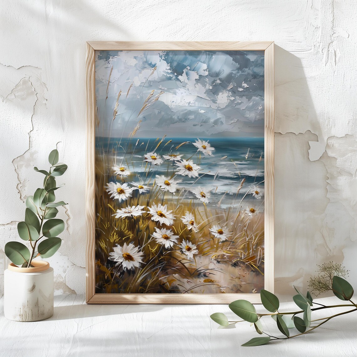 White Daisies by the Sea Coastal Impasto Floral Landscape Poster - Image 3